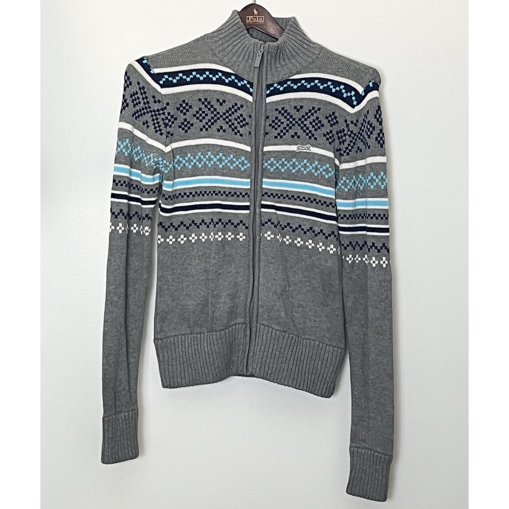 Le Tigre Gray Zip-Up Fair Isle Sweater with Blue and White Accents